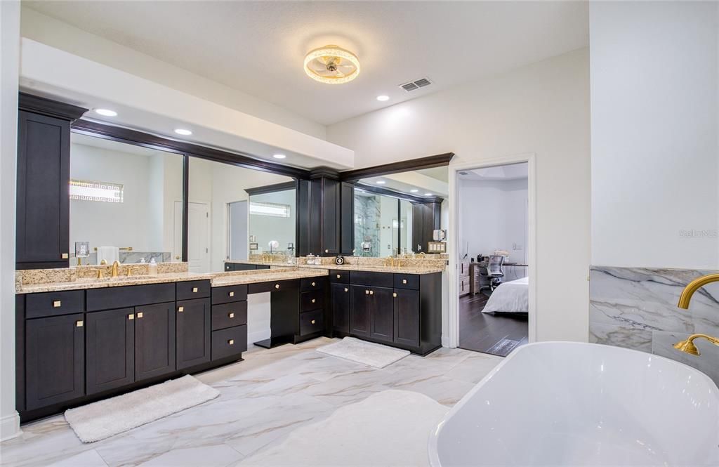 Bathroom, Dual Sink Vanities, Free Standing Baths, Interior, Marble, Recessed Lighting