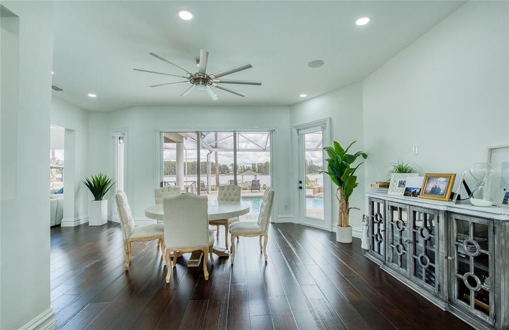 Dining room, Interior, Recessed Lighting, Wood Texture Flooring