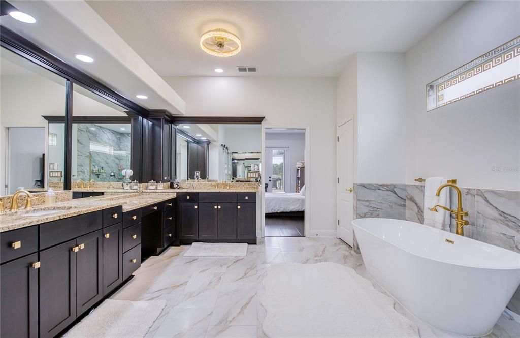 Bathroom, Dual Sink Vanities, Free Standing Baths, Interior, Marble, Recessed Lighting