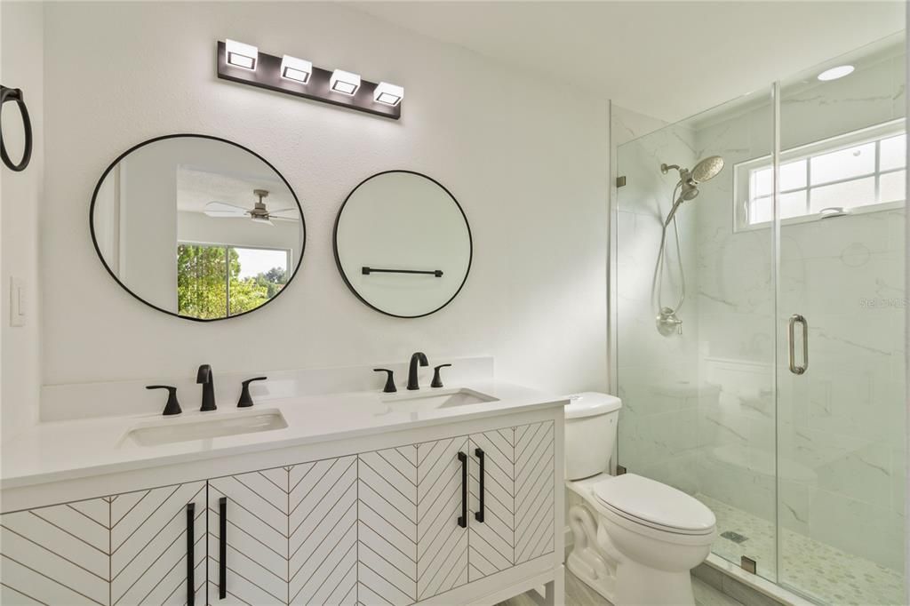 Bathroom, Glass Shower, Interior, Marble Walls, Recessed Lighting