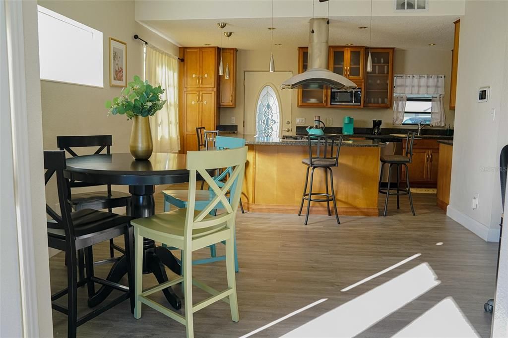 Dining room, Interior, Kitchen, Pendant Lights, Wood Texture Flooring