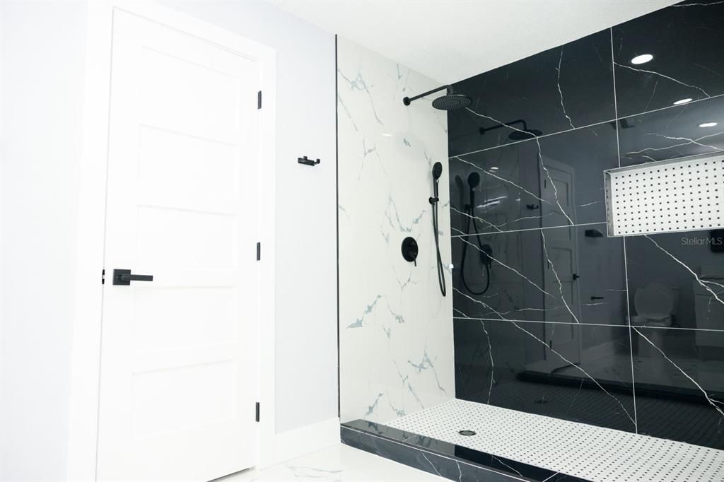 Bathroom, Glass Shower, Interior, Marble Walls, Recessed Lighting