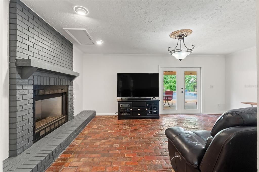 Fireplace, Interior, Recessed Lighting, Stone Walls