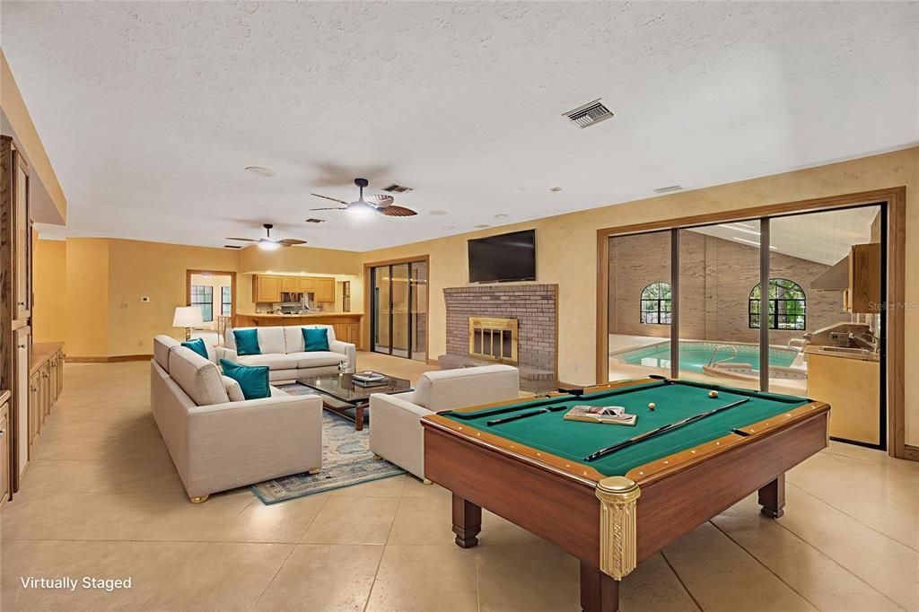 Billiard Table, Fireplace, Game Room, Interior, Living room, Recessed Lighting