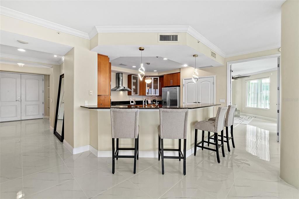 Interior, Kitchen, Marble, Pendant Lights, Recessed Lighting, Stainless Steel Appliances