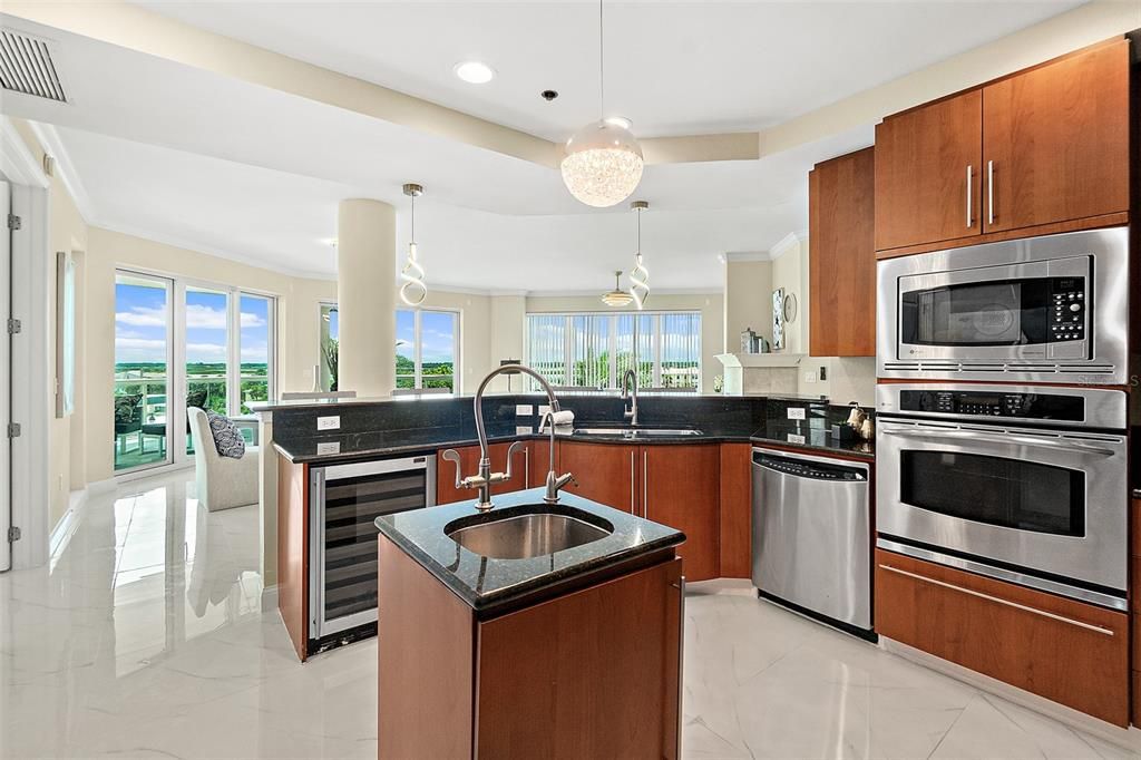 Interior, Kitchen, Marble, Pendant Lights, Recessed Lighting, Stainless Steel Appliances