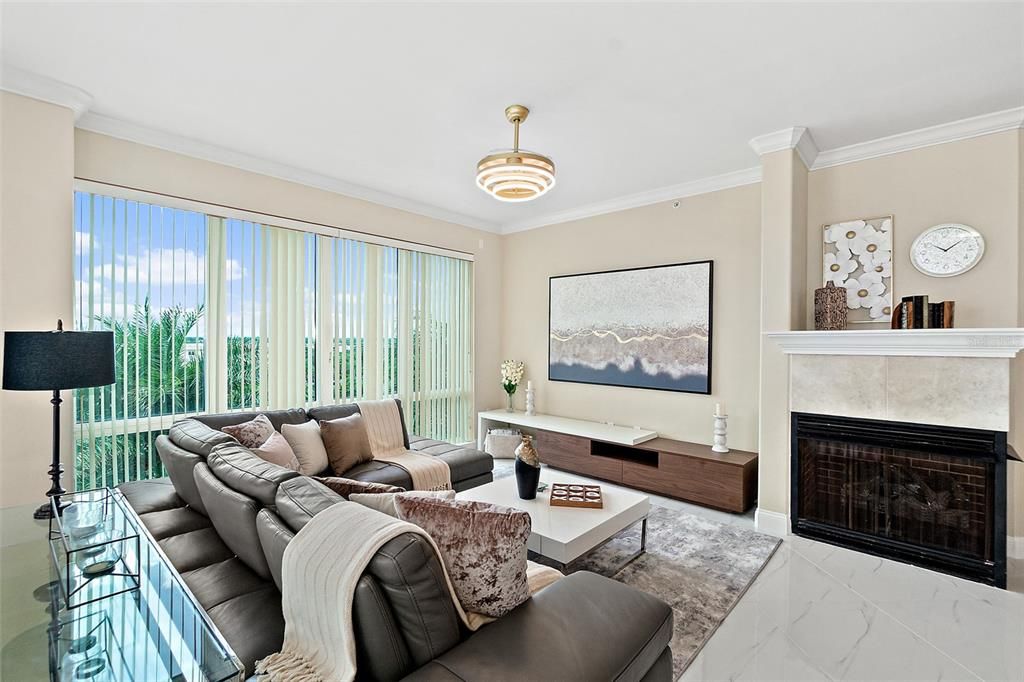 Fireplace, Interior, Living room, Marble, Pendant Lights