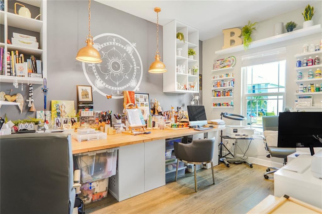 Home Office, Interior, Pendant Lights, Wood Texture Flooring