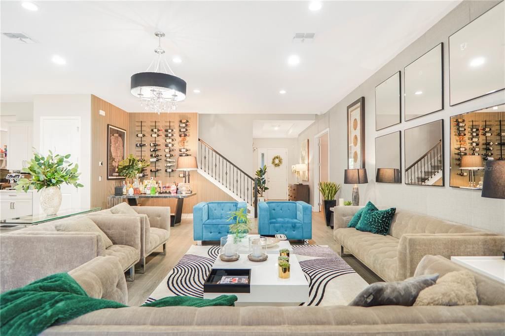 Interior, Living room, Pendant Lights, Recessed Lighting, Wood Texture Flooring