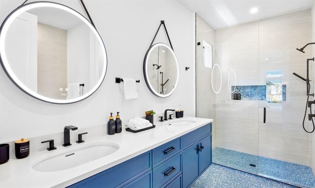 Bathroom, Dual Sink Vanities, Glass Shower, Interior, Recessed Lighting