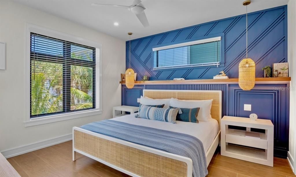 Bedroom, Interior, Pendant Lights, Recessed Lighting, Wood Texture Flooring