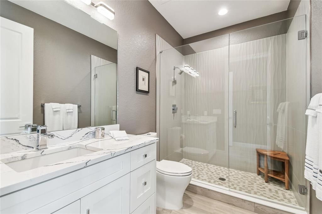 Bathroom, Glass Shower, Interior, Recessed Lighting, Wood Texture Flooring