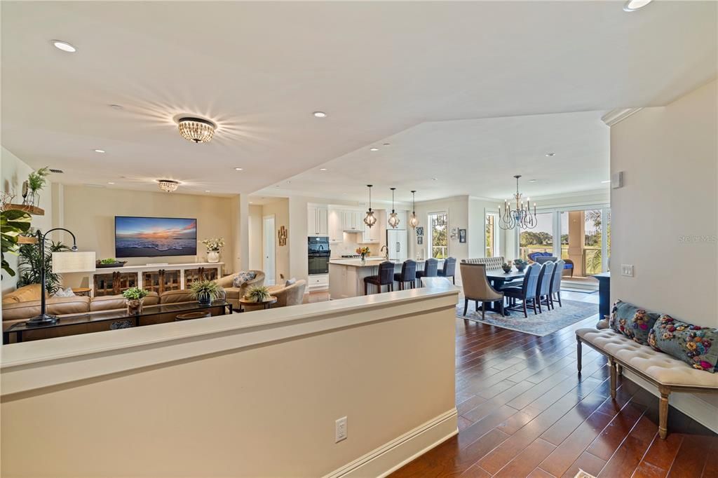 Chandelier, Dining room, Interior, Kitchen, Living room, Pendant Lights, Recessed Lighting, Wood Texture Flooring