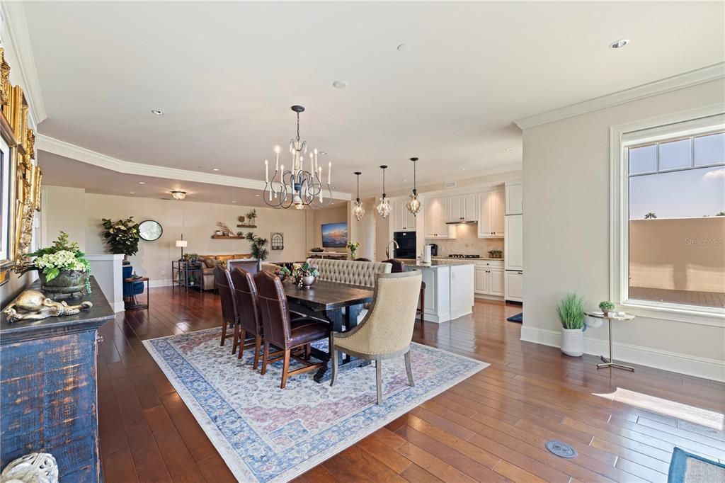 Dining room, Interior, Kitchen, Pendant Lights, Recessed Lighting, Wood Texture Flooring