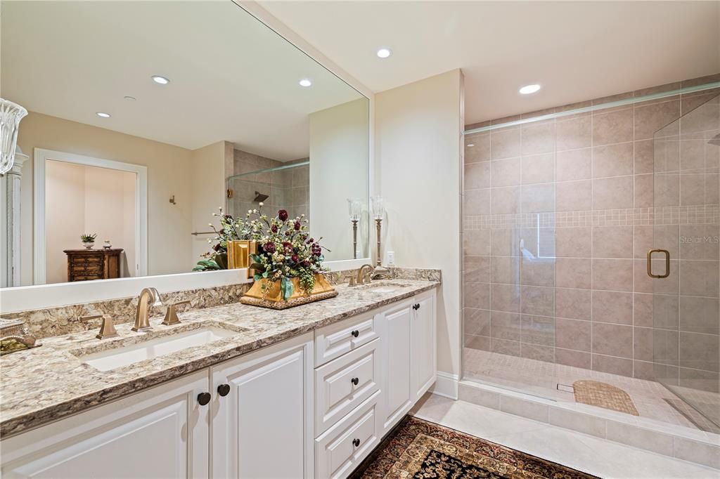 Bathroom, Dual Sink Vanities, Glass Shower, Interior, Recessed Lighting