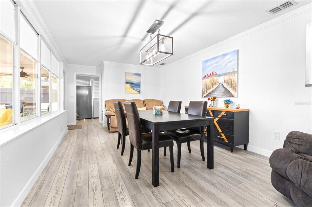 Dining room, Interior, Pendant Lights, Wood Texture Flooring