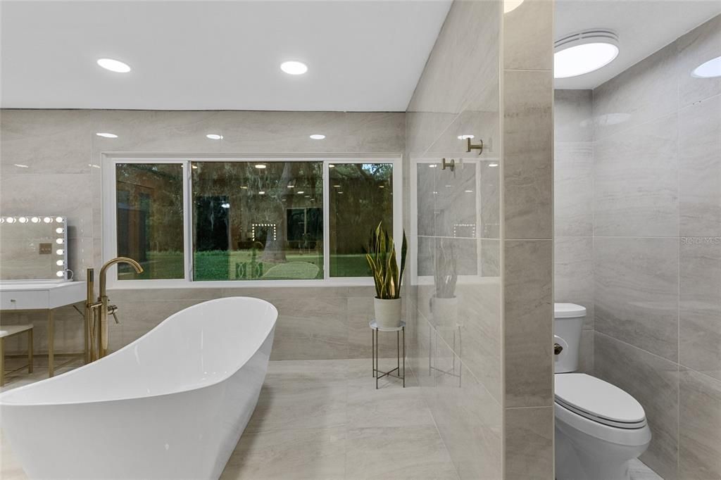Bathroom, Free Standing Baths, Glass Shower, Interior, Marble Walls, Recessed Lighting