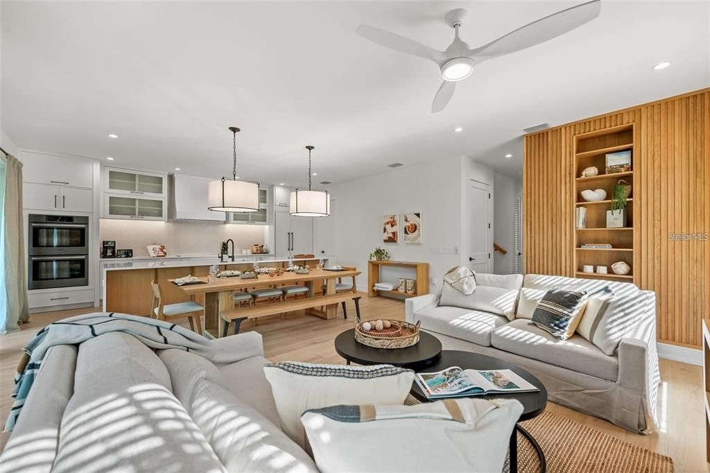 Dining room, Interior, Kitchen, Living room, Pendant Lights, Recessed Lighting, Stainless Steel Appliances, Wood Texture Flooring