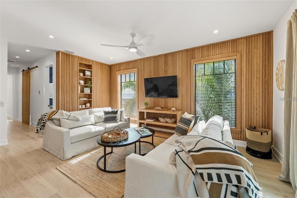 Interior, Living room, Recessed Lighting, Wood Texture Flooring