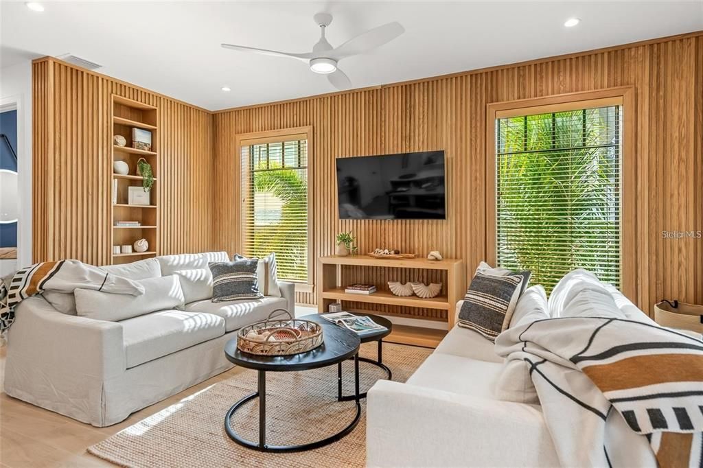 Interior, Living room, Recessed Lighting, Wooden Walls