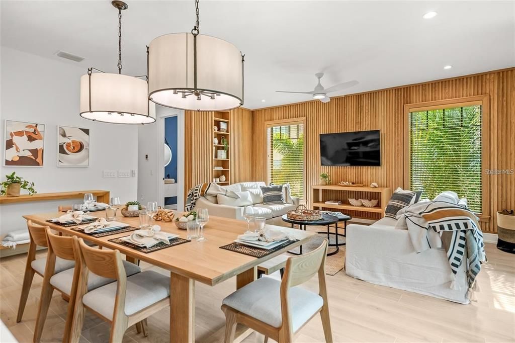 Dining room, Interior, Living room, Pendant Lights, Recessed Lighting, Wood Texture Flooring