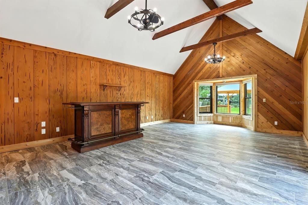 Chandelier, Empty room, Interior, Pendant Lights, Wooden Beams, Wood Texture Flooring, Wooden Walls