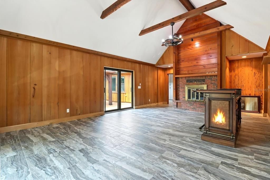 Empty room, Fireplace, Interior, Pendant Lights, Wooden Beams, Wood Texture Flooring, Wooden Walls