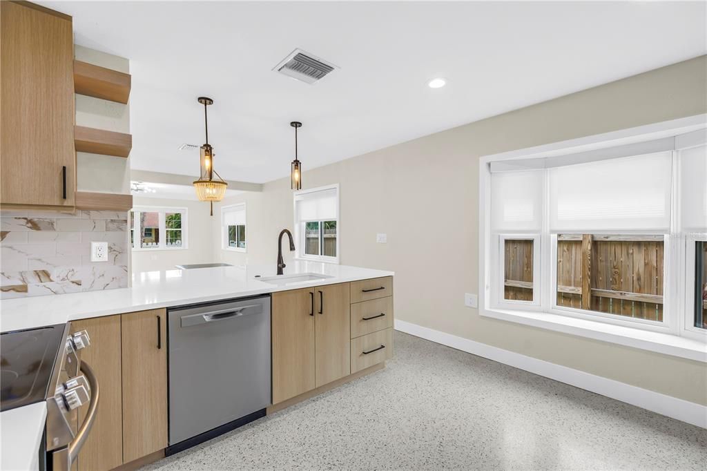 Interior, Kitchen, Marble Walls, Pendant Lights, Recessed Lighting