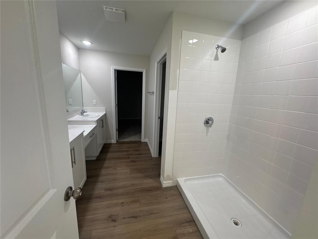 Bathroom, Dual Sink Vanities, Interior, Recessed Lighting, Wood Texture Flooring