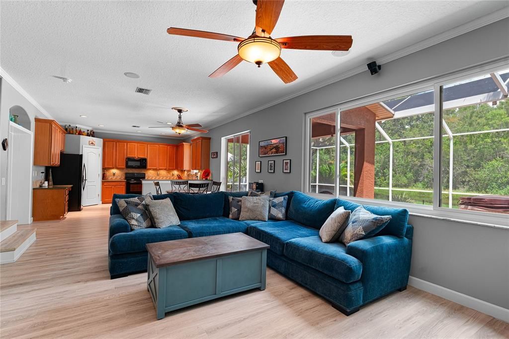 Interior, Kitchen, Living room, Recessed Lighting, Wood Texture Flooring