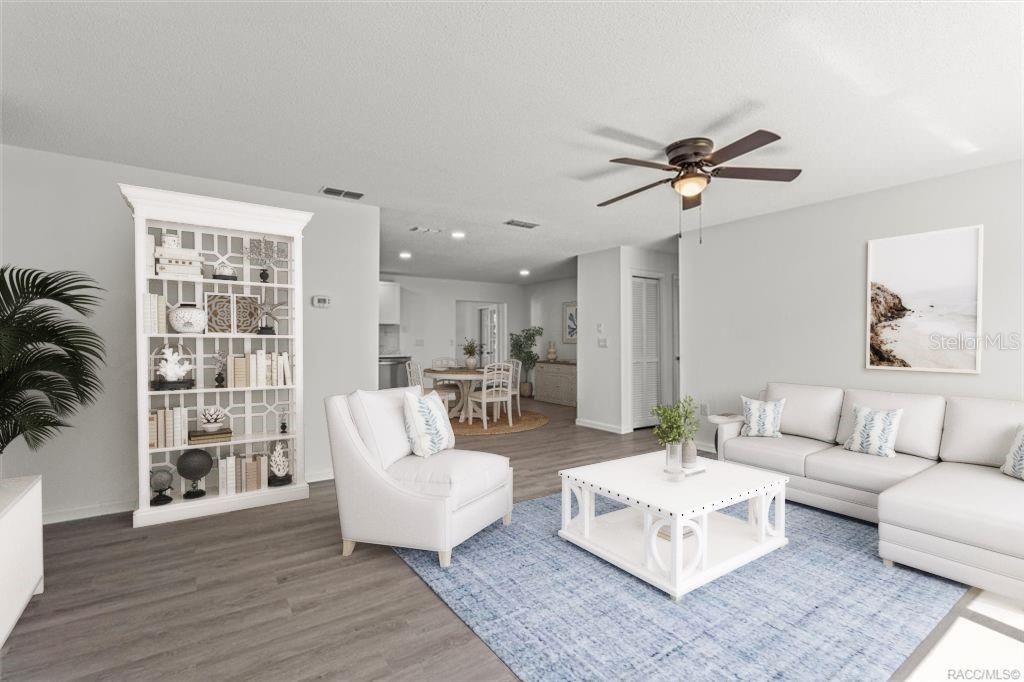 Dining room, Interior, Living room, Recessed Lighting, Wood Texture Flooring