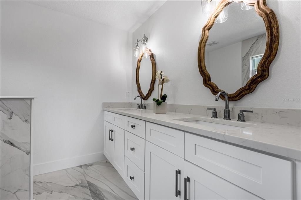 Bathroom, Dual Sink Vanities, Interior, Marble, Marble Walls