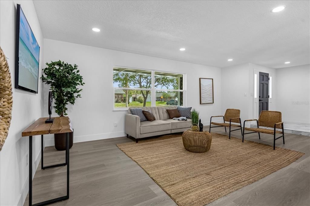 Interior, Living room, Recessed Lighting, Wood Texture Flooring