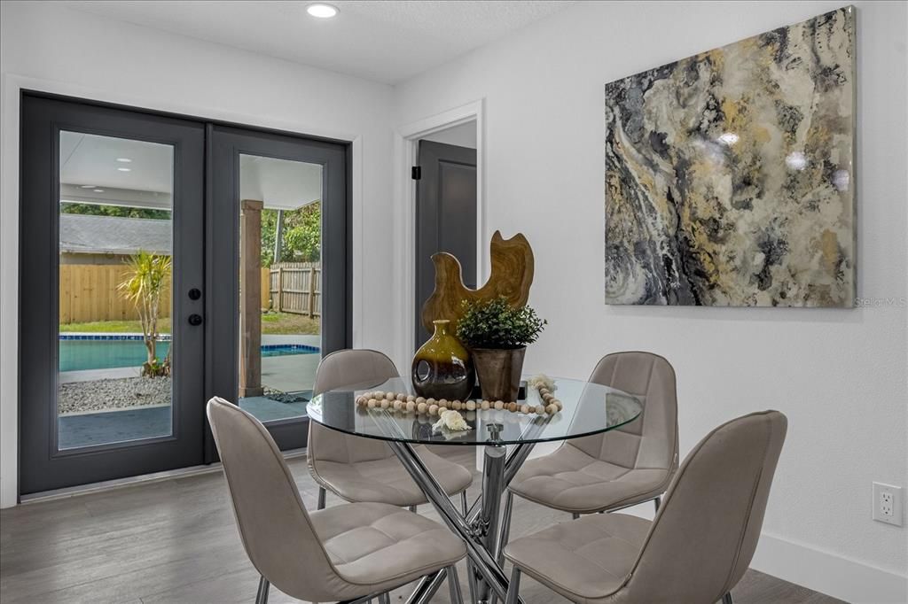 Dining room, Interior, Recessed Lighting, Wood Texture Flooring