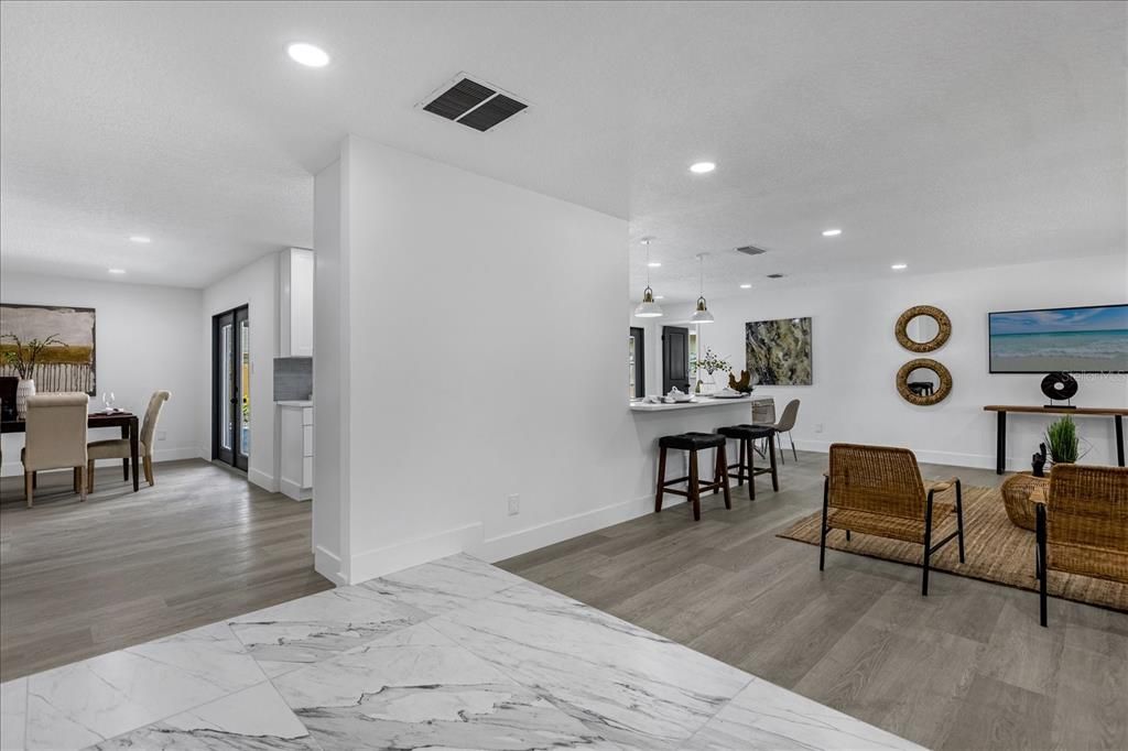Dining room, Interior, Kitchen, Marble, Pendant Lights, Recessed Lighting, Wood Texture Flooring