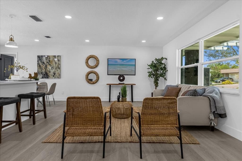 Dining room, Interior, Pendant Lights, Recessed Lighting, Wood Texture Flooring