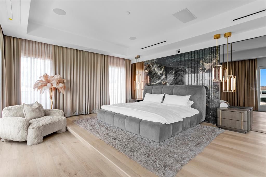 Bedroom, Interior, Pendant Lights, Wood Texture Flooring