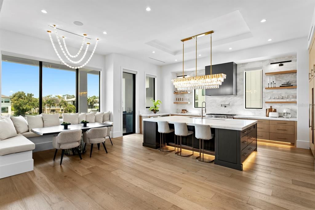 Chandelier, Dining room, Interior, Kitchen, Living room, Pendant Lights, Recessed Lighting, Wood Texture Flooring