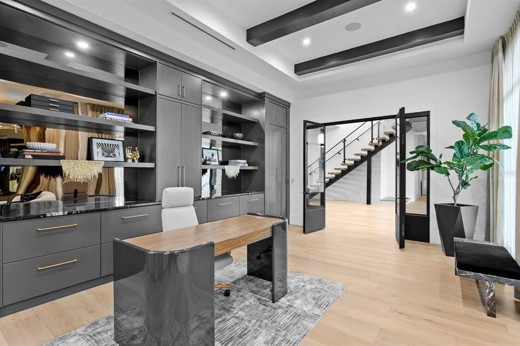 Home Office, Interior, Recessed Lighting, Wooden Beams, Wood Texture Flooring