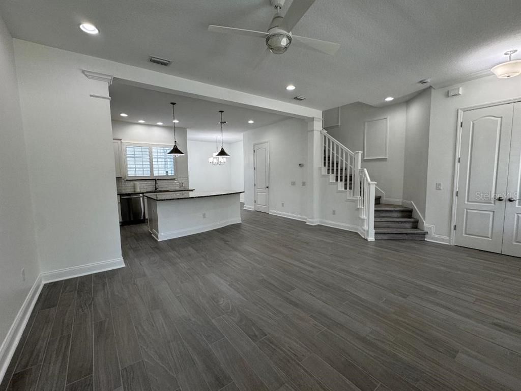 Empty room, Interior, Kitchen, Pendant Lights, Recessed Lighting, Wood Texture Flooring