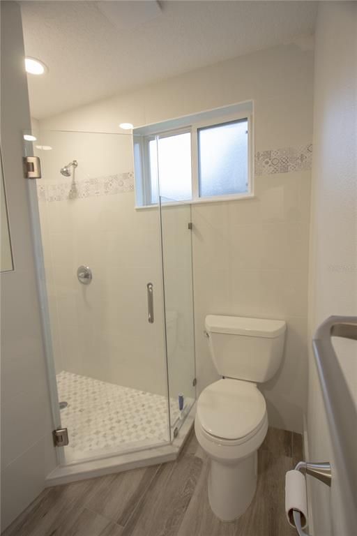 Bathroom, Glass Shower, Interior, Recessed Lighting, Wood Texture Flooring