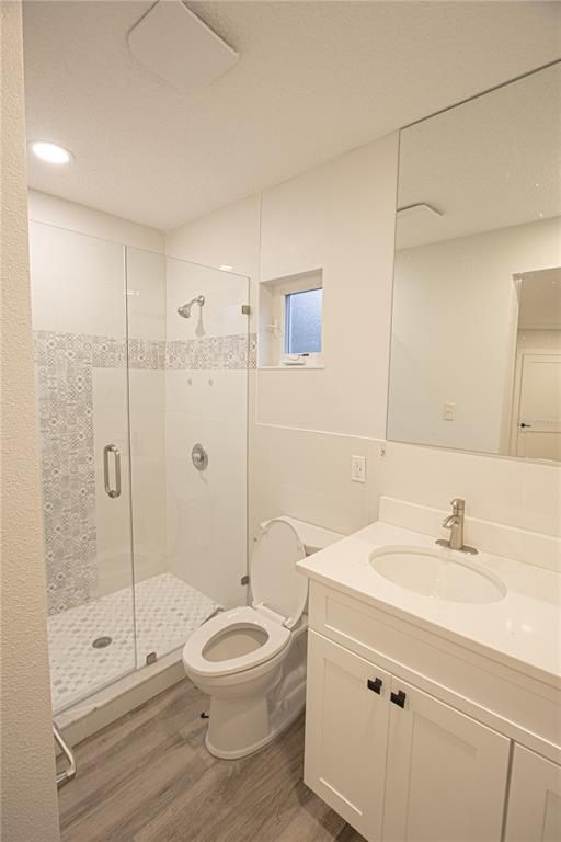 Bathroom, Glass Shower, Interior, Recessed Lighting, Wood Texture Flooring