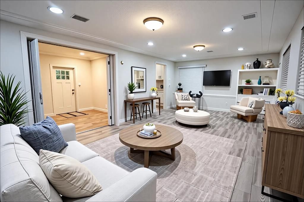 Interior, Living room, Recessed Lighting, Wood Texture Flooring