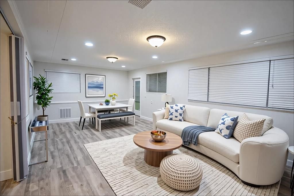 Dining room, Interior, Living room, Recessed Lighting, Wood Texture Flooring