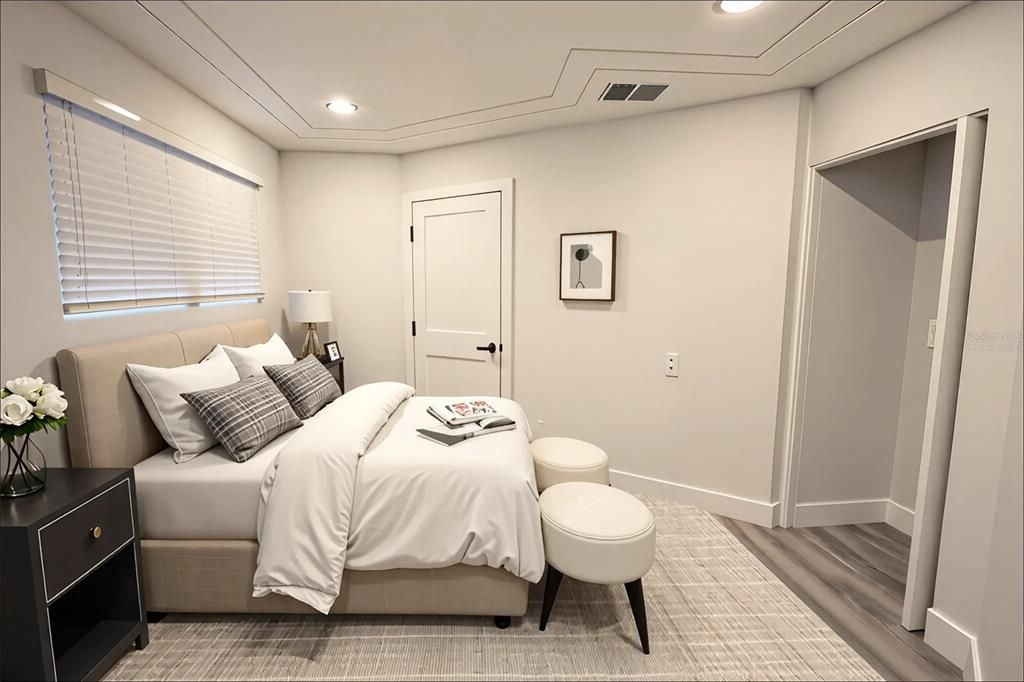 Bedroom, Interior, Recessed Lighting, Wood Texture Flooring
