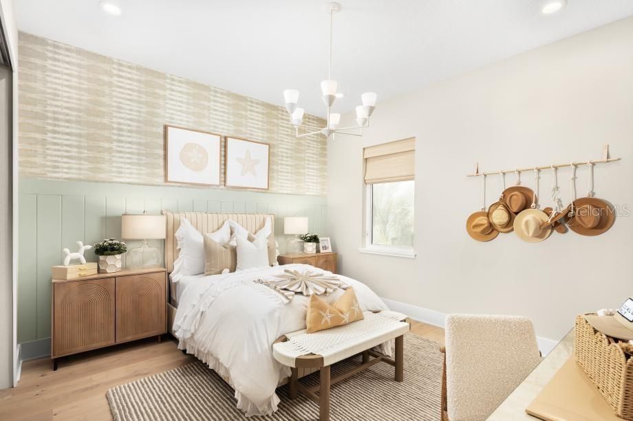 Bedroom, Interior, Pendant Lights, Recessed Lighting, Wood Texture Flooring