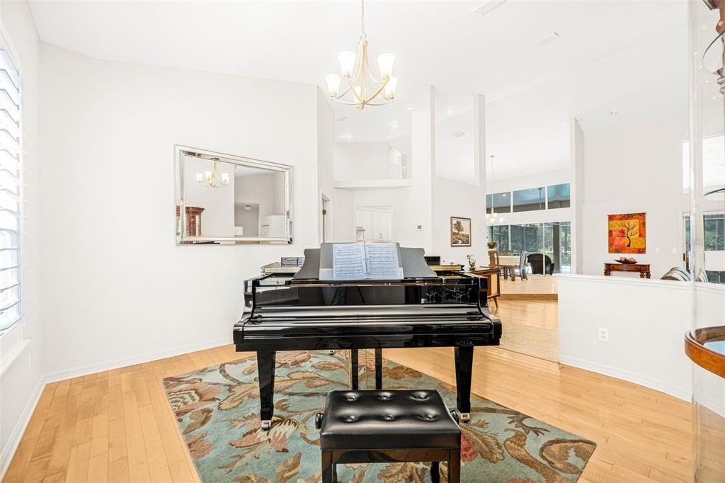 Chandelier, Interior, Pendant Lights, Piano, Wood Texture Flooring