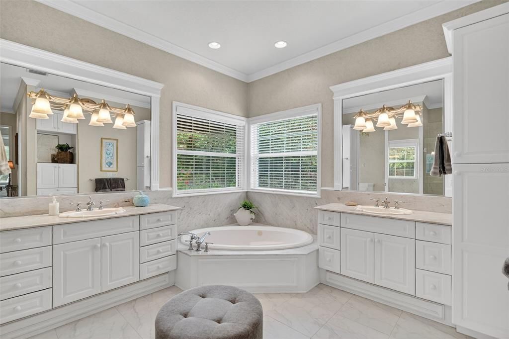 Bathroom, Dual Sink Vanities, Interior, Marble, Recessed Lighting