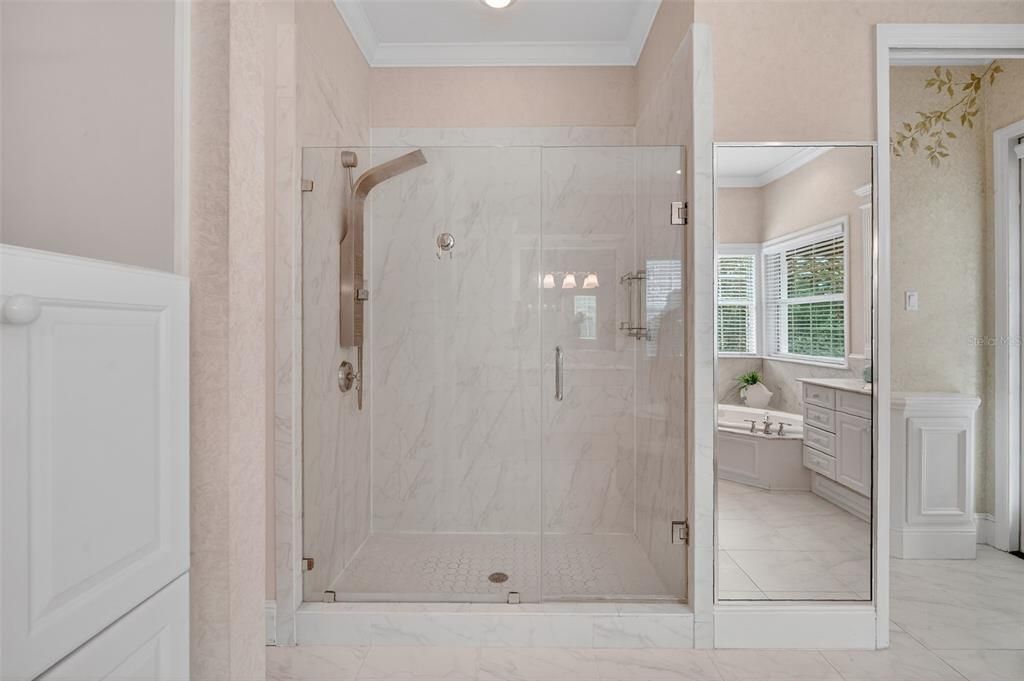 Bathroom, Glass Shower, Interior, Marble, Marble Walls, Recessed Lighting