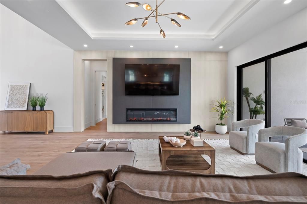 Fireplace, Interior, Living room, Pendant Lights, Recessed Lighting, Wood Texture Flooring